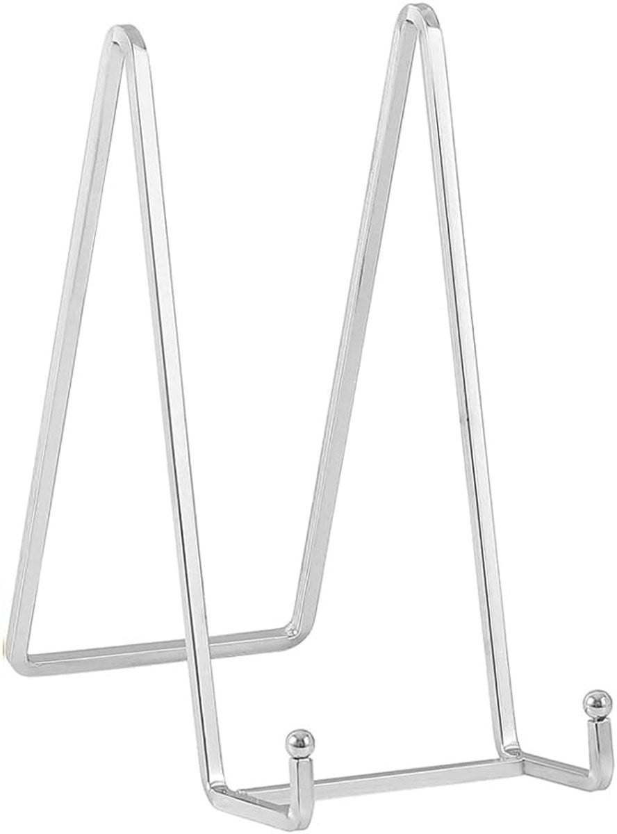 Set van twee zilverkleurige metalen bordenstandaards met display-ezels, Hoogte: 205 cm