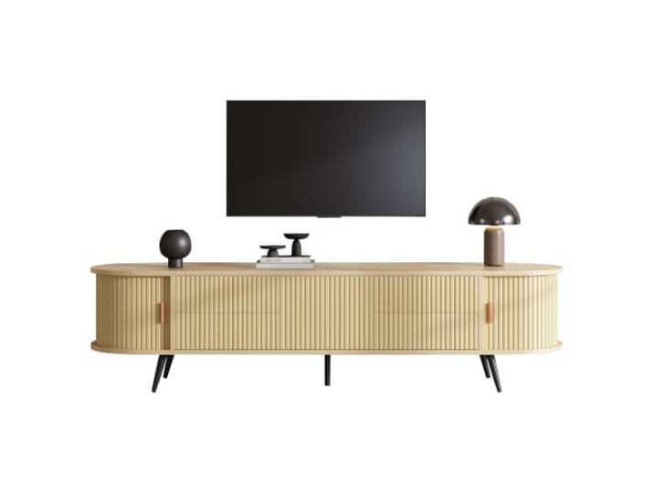 Ropilly tv Board Holz 180 cm, oval, mit Rolltür, für bis zu 80 Zoll TVs Ovales Lowboard mit vertikalen Streifen, 4 Schubladen und Rolltür, bietet Staubschutz und sicheren Stauraum.