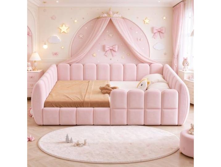 Guishanlihua Gepolstertes Kinder-Bodenbett 140 x 200 cm, Samtbezug, komplett geschlossenes Design, abgerundete Ecken, geeignet für Kinder-, Kleinkind- und Jugendzimmer, Rosa