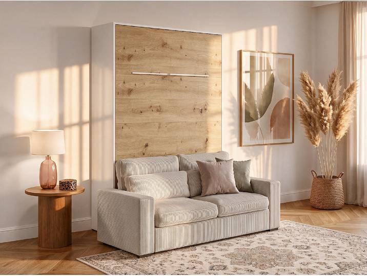 Schrankbett + Sofa - 160 x 200 cm - Manuelle vertikale Öffnung - Mit LED-Beleuchtung - Weiß & Holzfarben - RAPILI