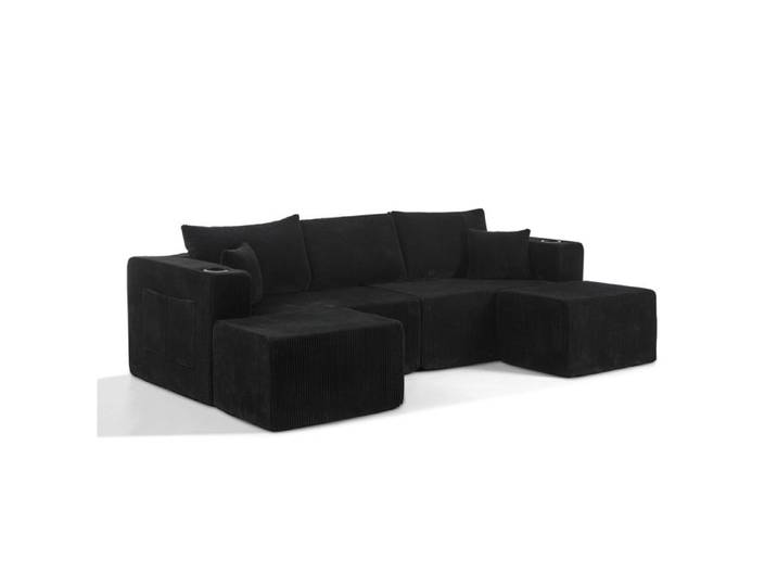ELVORIN Canapé d'angle modulable 3 places compressé noir velours côtelé poufs mobiles porte-gobelets