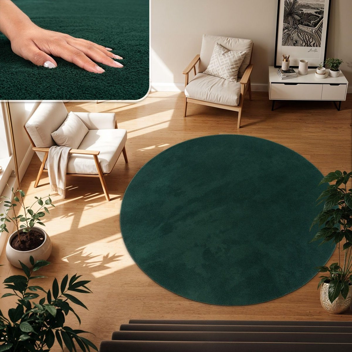 Rond Polyester Vloerkleed Donkergroen Petrol - Diameter: 120 cm