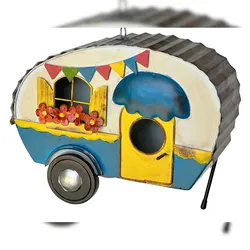 DanDiBo Vogelhaus zum Aufhängen Metall Deko Wohnwagen Wetterfest 96254 Nistkasten Futterstation für Vögel Shabby mit Kette Caravan Camper Balkon