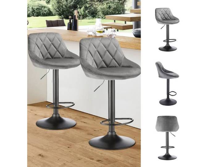 Tabouret de Bar XUANYU - Design Retro - Assise en Velours - Gris