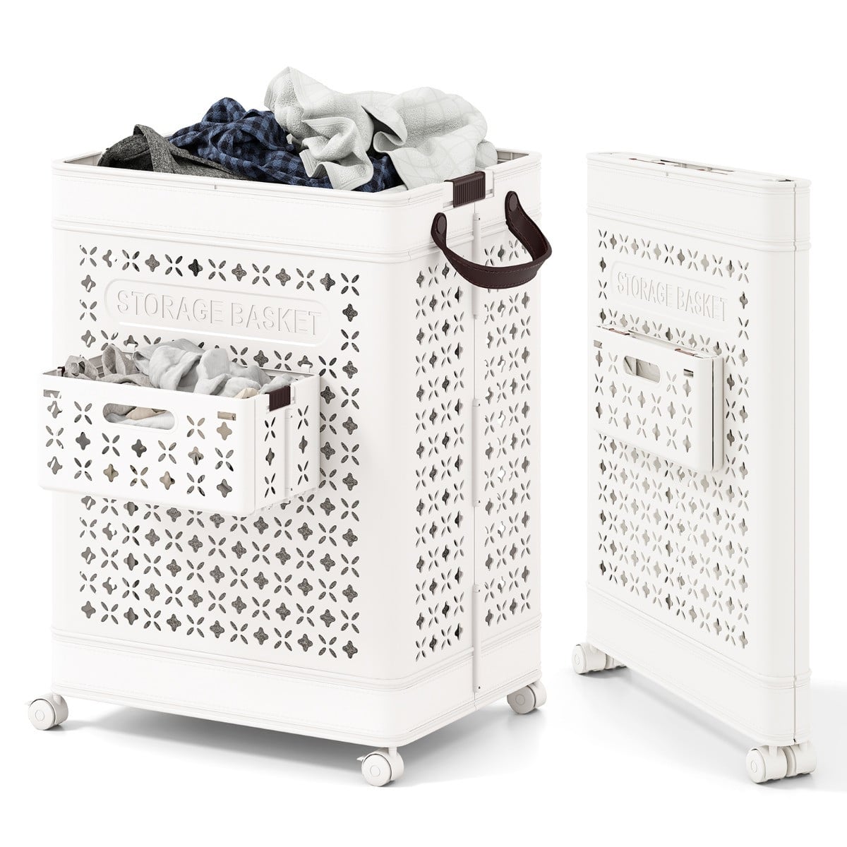 Costway Wasmand op Wielen 75L Ruimtebesparende Wasverzamelaar Wit