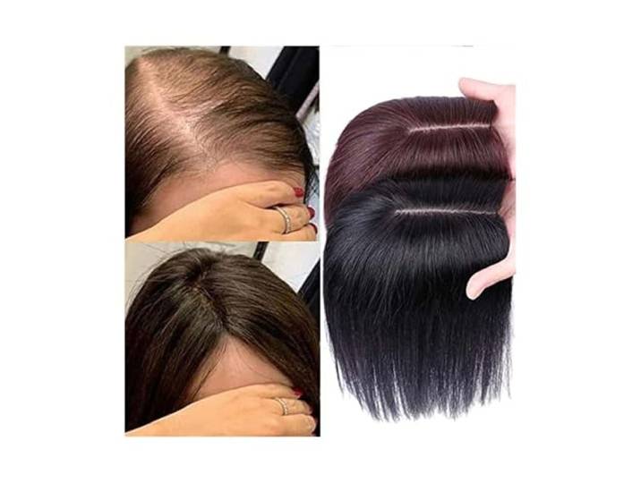 YANG11FAN Haartopper für Frauen Echthaar-Topper für Frauen mit dünner werdendem Haar, atmungsaktive Clip-in-Haarteile auf Seidenbasis, 20 cm, glattes Remy-Haar, ohne Pony (Schwarz, 10x12cm)