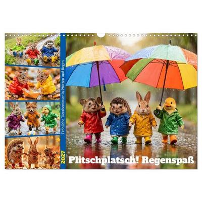 Plitschplatsch! Regenspaß - Fröhliche Tierabenteuer in Pfützen und Regen (Wandkalender 2027 DIN A3 quer), CALVENDO Monatskalender