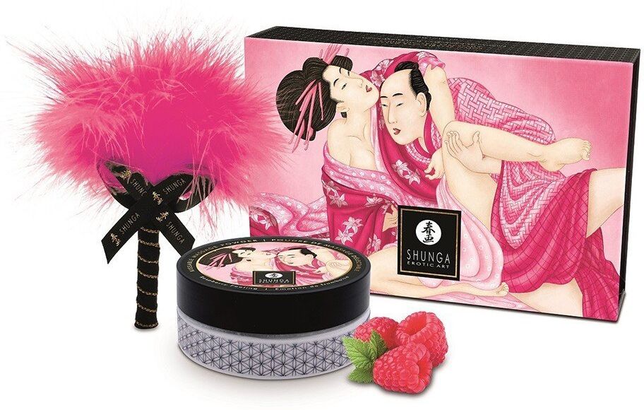 Shunga Mini Coffret poudre corporelle framboise et plumeau assorti