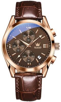 Everyday Crate OLEVS 2872 Mens Chronograph Watch Waterproof Quartz Watch With Genuine Leather Strap coffee + Rose Gold