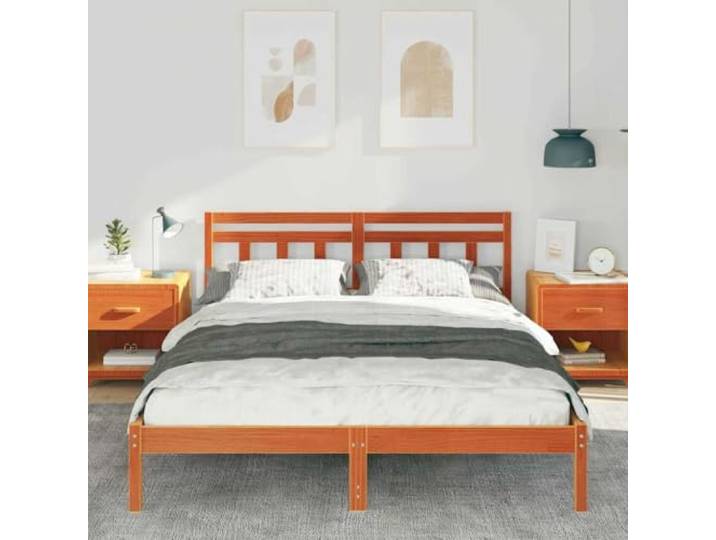 KTHLBRH Bett Kiefer massiv braun 150 x 200 cm Mit Kopfteil, Holzbeinen, modernes Design, robuste Struktur