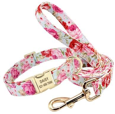 Pet Hub Custom Floral Dog Collar & Leash Set Personalized Pet ID Collar For Small, Medium, Large Dogs M 4