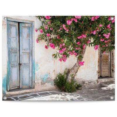 Poster REINDERS "Greek Facade", rosa (farbe bild(er): rosa), B:80cm H:60cm T:0,1cm, Bilder, Poster, Garten - Griechenland - Blumen - Tür - Rosa - Leinwand - 80x60 cm