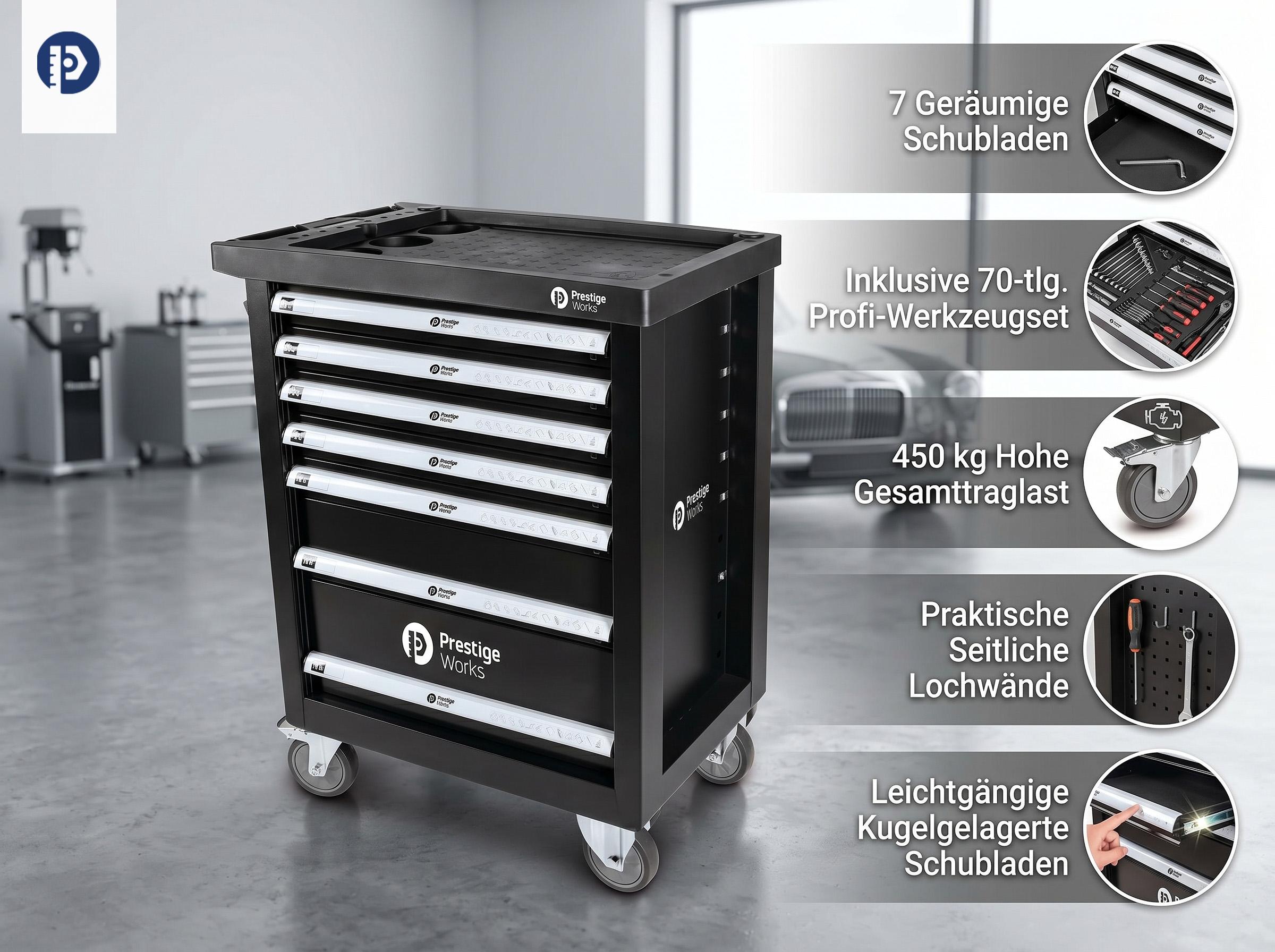 Werkstattwagen PWTOC11 mit 70-tlg. Werkzeugset, 7 Schubladen, 450 kg Traglast