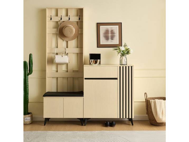 ROVRYN meuble d'entree avec vestiaire banc rembourre et meuble a chaussures MDF bois clair et noir