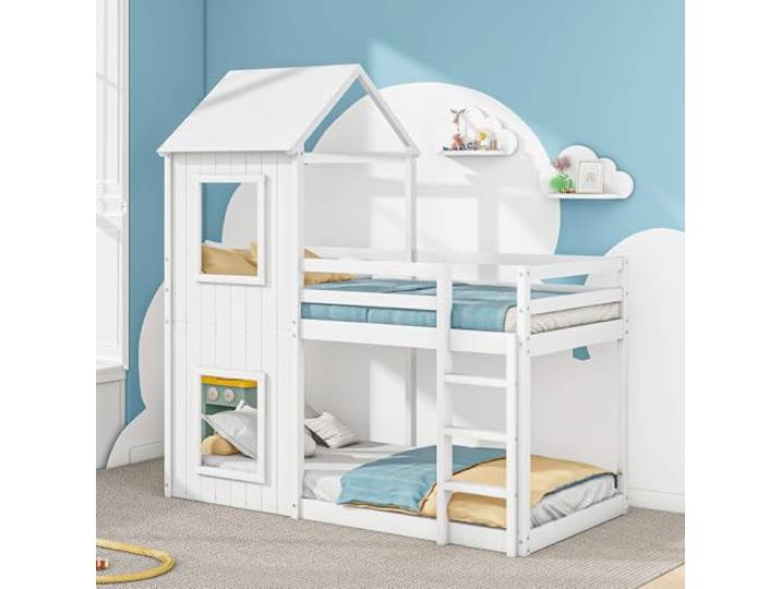 Bellemave Etagenbett 90x200,Hausbett Kinderbett mit Leiter,Massivholz Weiß Sicherheitsgeländer rundherum, Kiefer‑MDF Konstruktion, belastbar bis 120 kg, einfache Montage, liefert in 2 Paketen