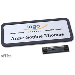 10 Namensschild mit Nadel OFFICE schwarz | 75 x 27 mm, Kunststoff