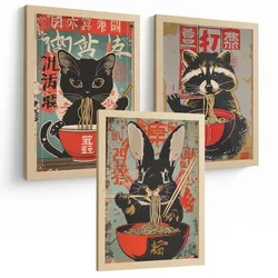 POSTER 3er Set Japanische Ramen Tier-Wandbilder Katze Waschbär und Hase Nudeln Küche Wanddeko Rahmenlos A3
