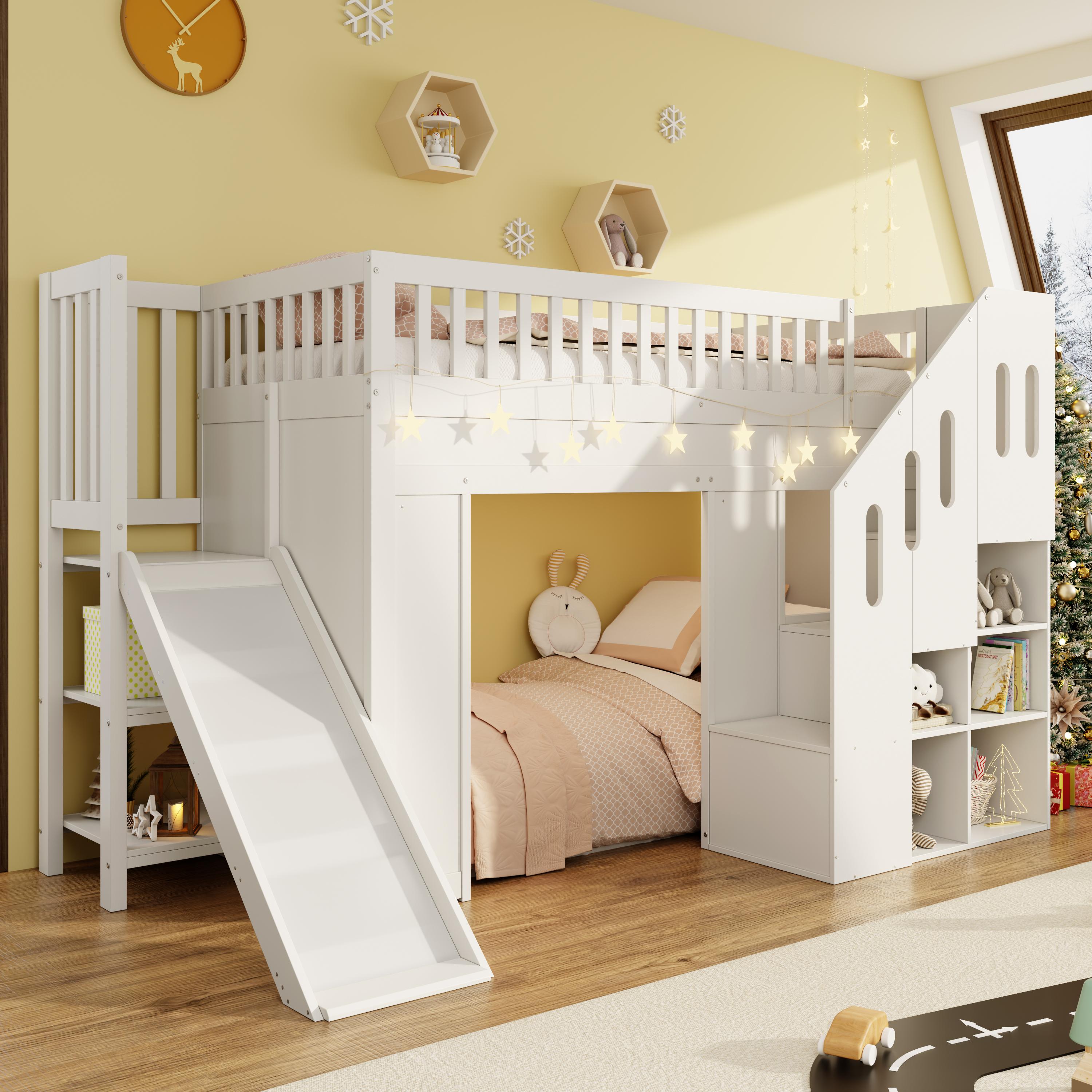 Kinderhochbett 90x200 cm mit Rutsche, Stauraumtreppe, Rausfallschutz und LED-Lichtleiste, Massivholz, Weiß