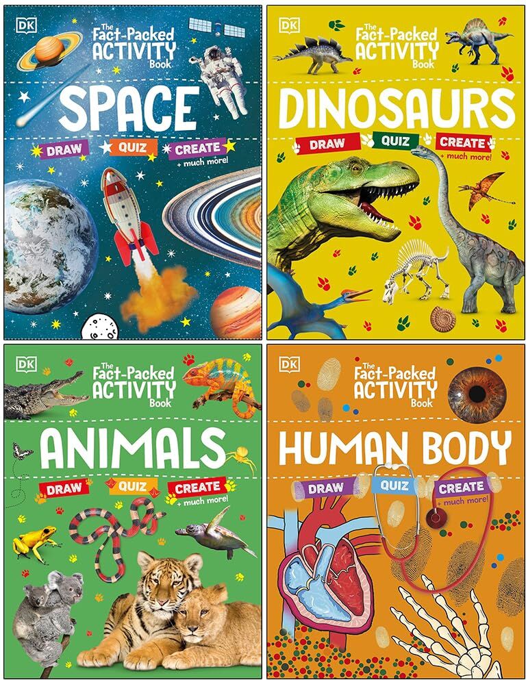 DK Children Ltd DK The Fact Packed Activity 4 Books Collection Set (Space, Dinosaurs, Animals and Human Body)
