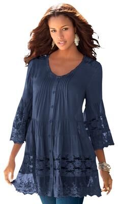 Plus Size Women's Lace Illusion Blouse by Roaman's in Navy (Size 34 W) Long Shirt Blouse