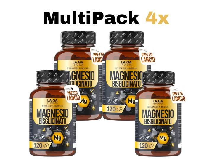 [4PCS PROMO] MAGNÉSIUM BISGLICINÉTÉ (Fournit jusqu'à 4 mois), 120 capsules de magnésium complet avec les vitamines B5, B6 et B1. Intégrateur de fatigue et de stress. Sans gluten et sans lactose,