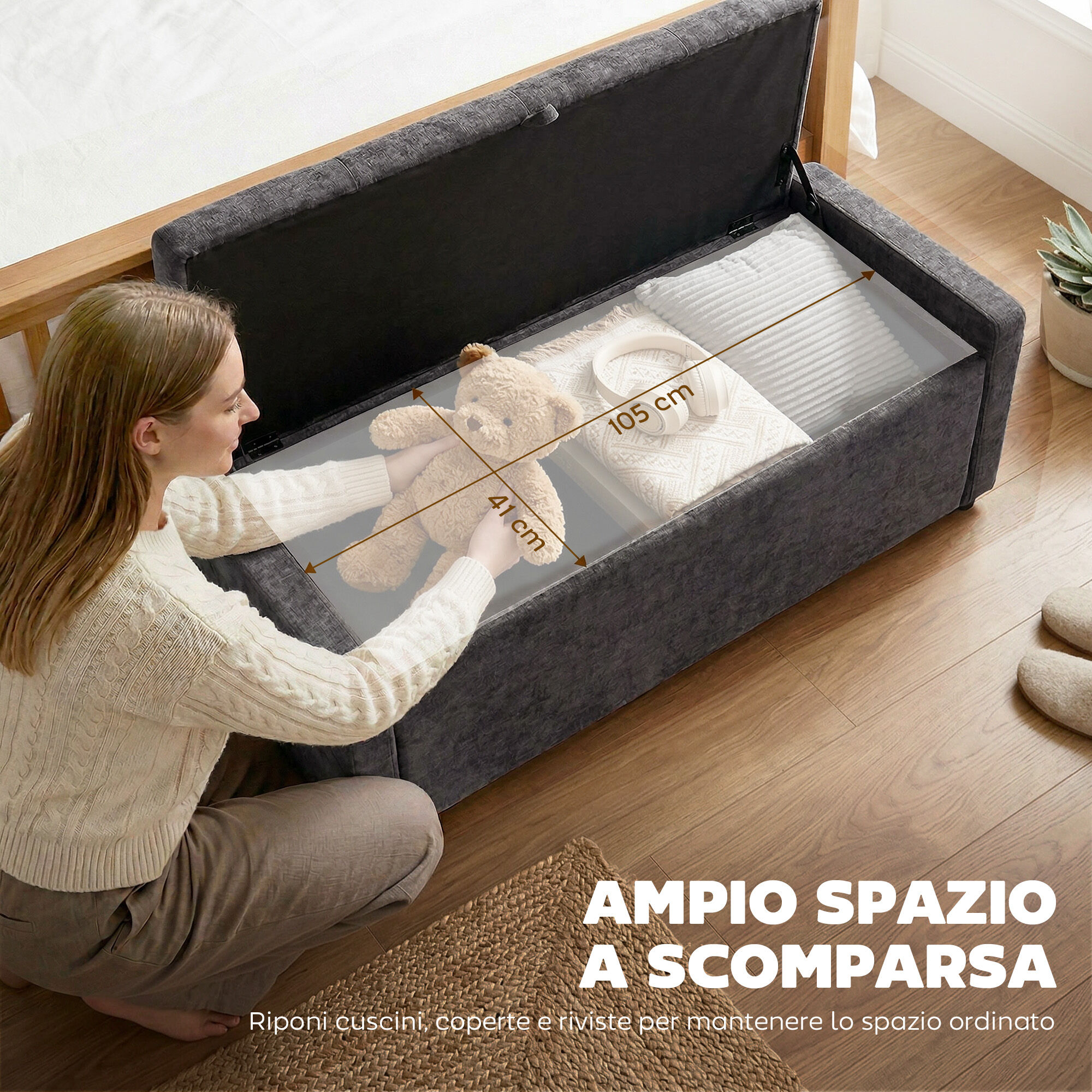 Altro Cassapanca 142l Pouf Contenitore, Seduta Ampia Imbottita, In Lino, Capacità 200 Kg, Grigio Scuro