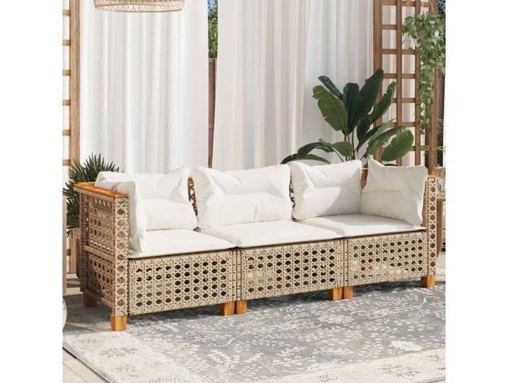 Beige Siège de jardin - Canapé de jardin - avec coussins - 3 places - beige résine tressée C3572