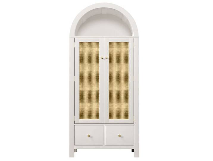 Armoire 181x78x45 cm style campagnard blanc tressage en rotin 2 portes magnétiques + 2 tiroirs étagère semi-circulaire