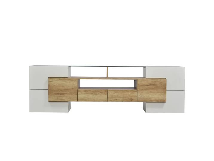 Table Console Moderne en Bois Naturel et Blanc avec Rangements