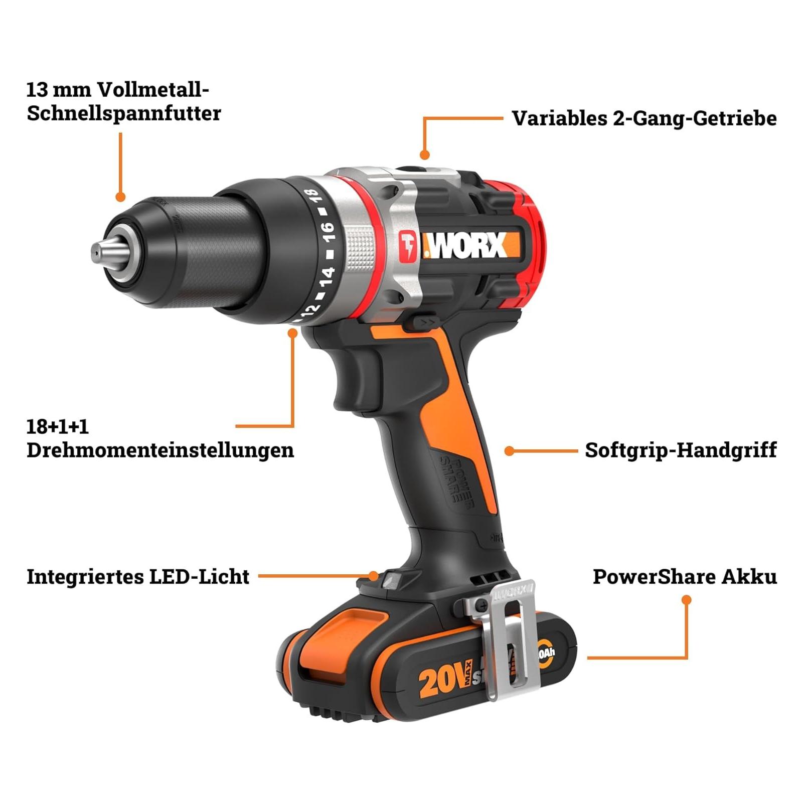 Worx Akku-Schlagbohrschrauber WX354 Brushless 20V, inkl. 2 Akkus und Ladegert (Schlagbohrschrauber) (WX354)