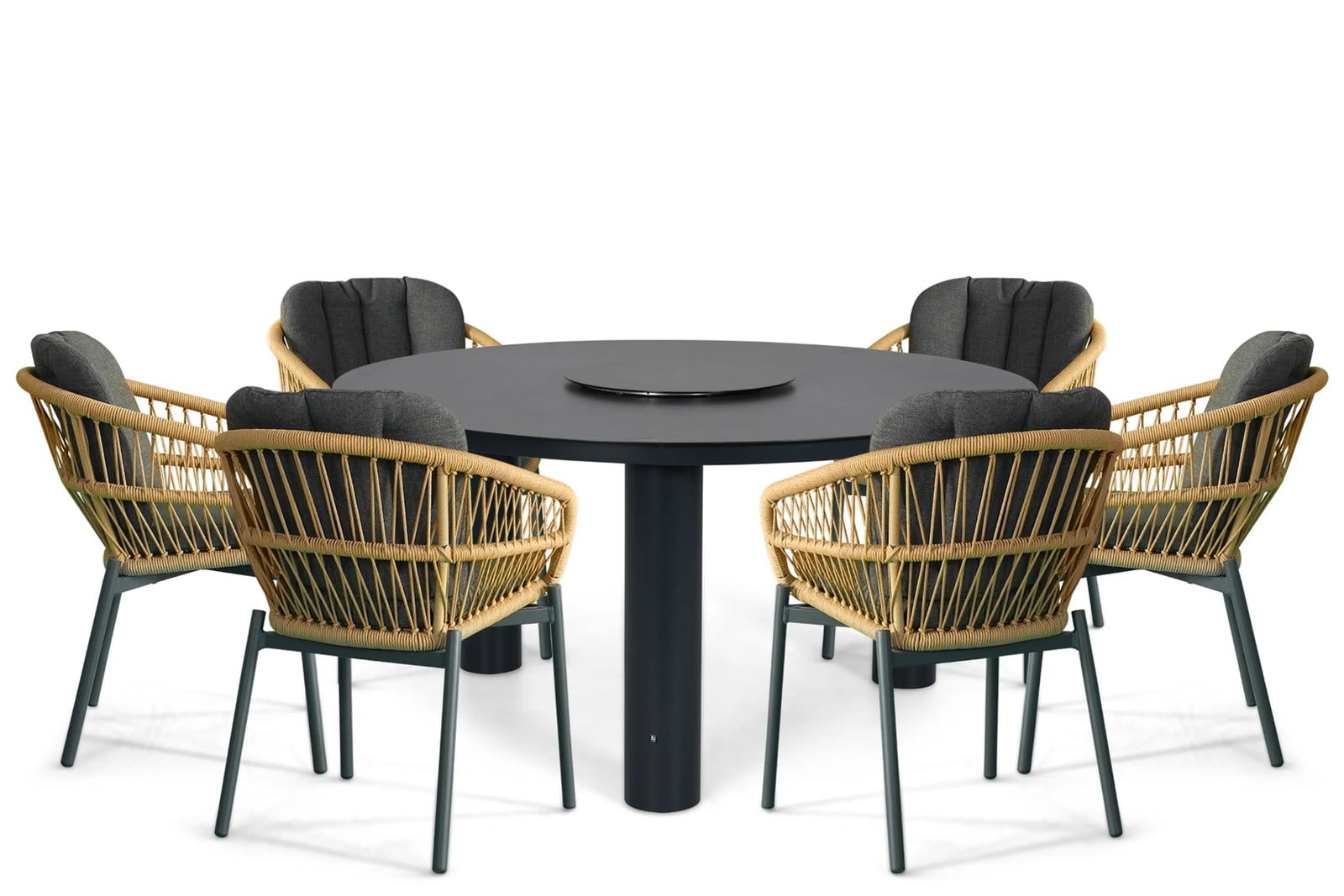De Laan Projects Malaga/Arancia 7-delige moderne dining tuinset met ronde tafel en zwarte aluminium stoelen, Breedte: 150 cm