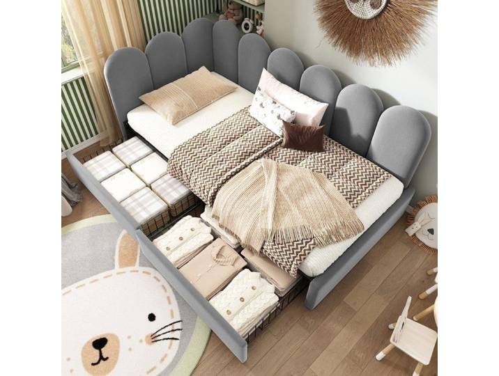 Lit jour capitonné - Zephmum - 90x190 tiroirs velours gris lattes sans matelas