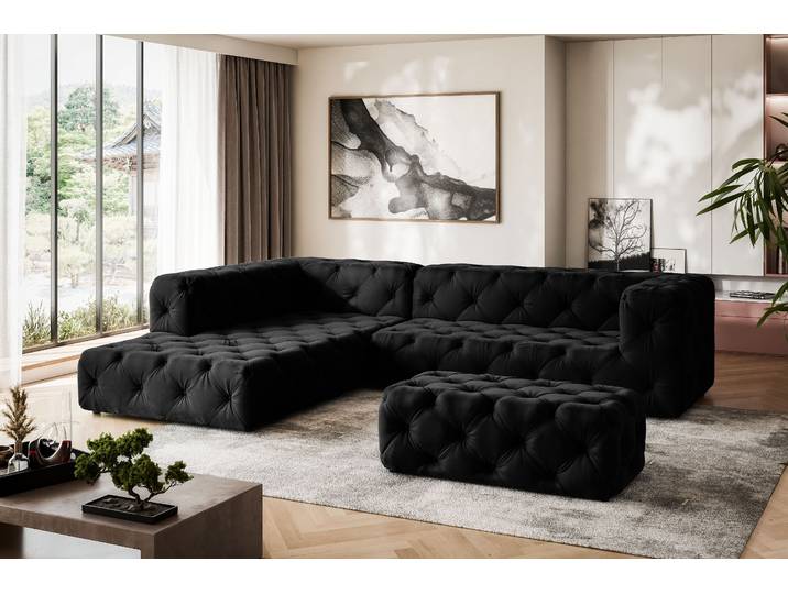 Ecksofa HOME AFFAIRE FOLLINA , schwarz, B:325cm H:71cm T:228cm, 100% Polyester, Sofas, Ecksofa, L-Form, mit klassischer Chesterfield-Knopfheftung