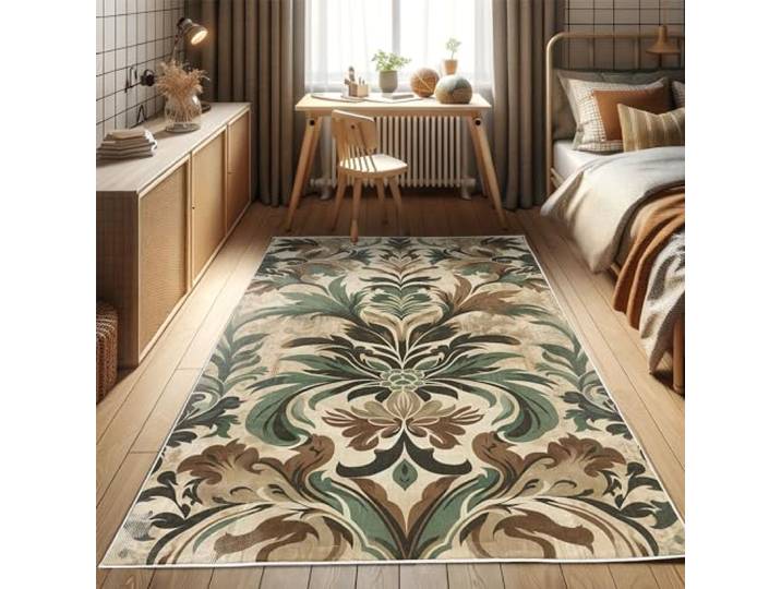 ABAKUHAUS Bohemian Dekorativer Teppich, Boho Laubiges Damast Herbstlich, Hochwertiger Flächenteppich für Schlafzimmer und Wohnzimmer, 69x114 cm, Beige Schokolade