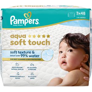 Pampers Feuchttücher Aqua Soft Touch, 144 Tücher, unparfümiert, je 48 Stück, 3 Pack