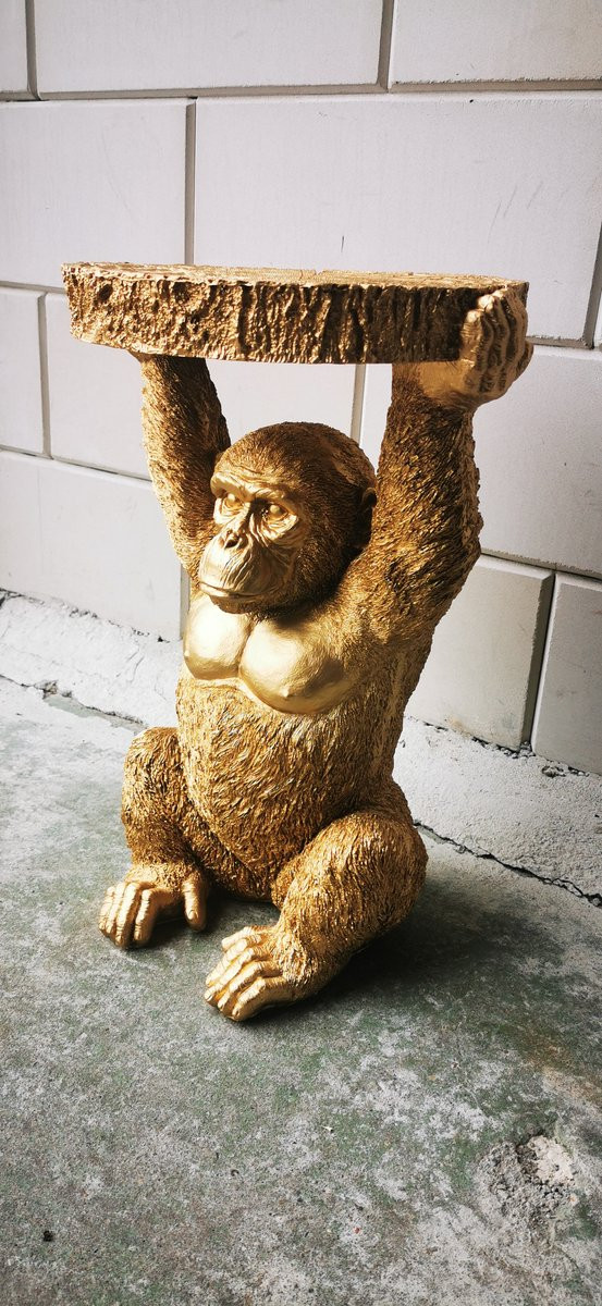Gouden Gorilla Bijzettafel - Decoratief Beeld van Polystone - Hoogte: 51 cm, Diameter: 30 cm