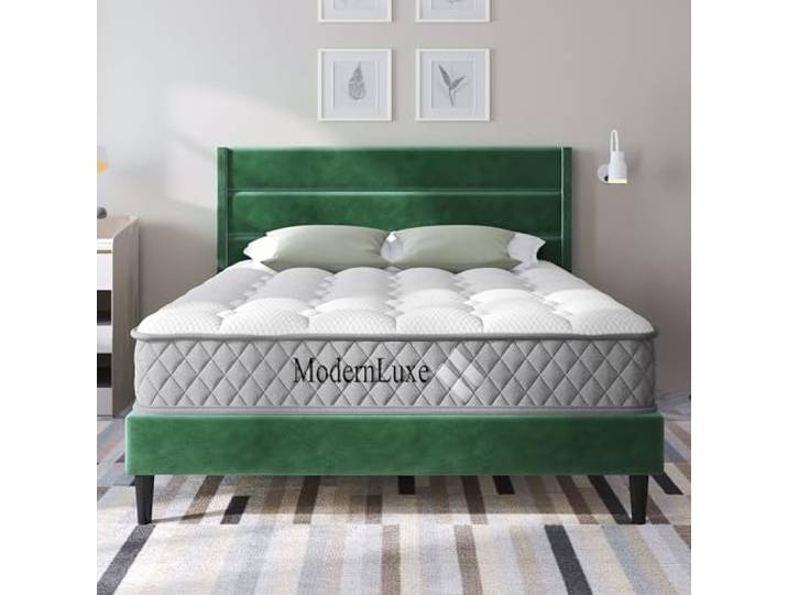 Bellemave Doppelbett Polsterbett 140×200cm, Samtstoff, mit Matratze, grün mit Kopfteil, minimalistisches Design, Lattenrost