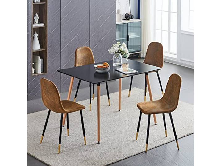FurnitureR 4er Set Esszimmerstühle, Skandinavisch Faux Wildleder gepolstert Metall für Küche, Esszimmer, Wohnzimmer, Beine aus schwarzem Gold, braune Sitze