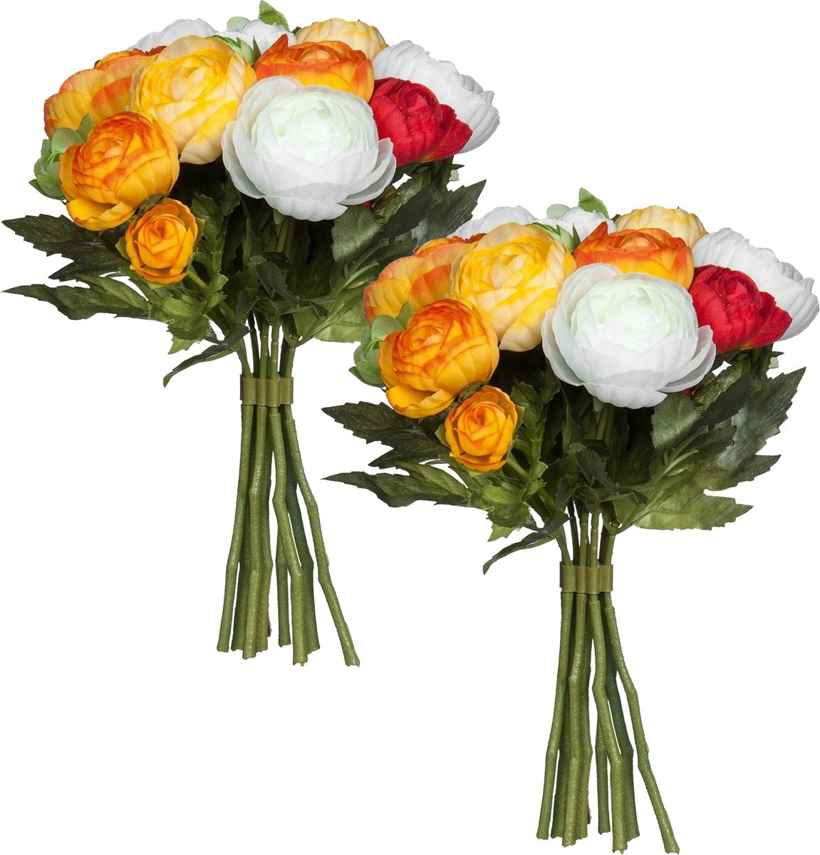 Mica Decorations Ranunculus boeket - 2x - oranje/rood - kunstbloemen - Hoogte: 22 cm