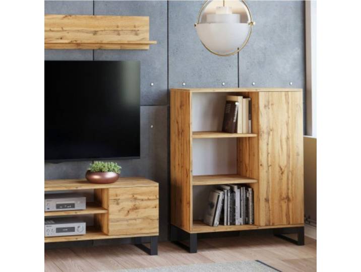 FONDI Meuble Buffet Loft commode armoire 1 porte et 3 étagères - chêne wotan - L 90 x P 40 x H 116cm