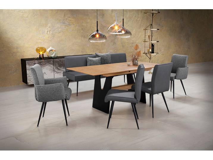 Essgruppe, Flachgewebe 775 & Leder CLOUD, Grau, 180×220 cm, Ausziehbar, K+W