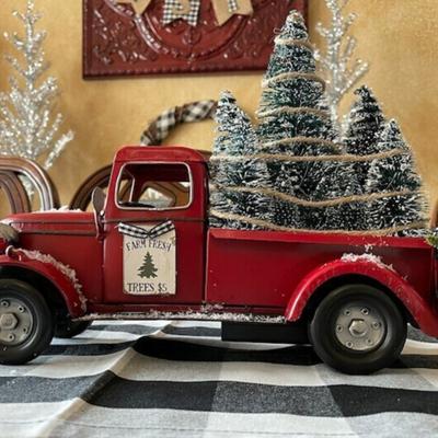 Rare Purchases Metal Car With Mini Green Tree, Christmas Retro Red Truck Ornaments, Box Xmas Table Decoration c