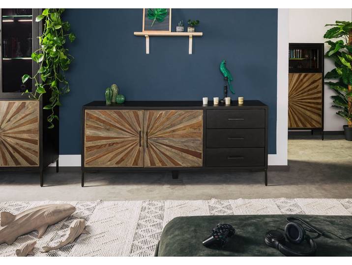 Sideboard Sheesham 178x45x75 schwarz lackiert SUN #100