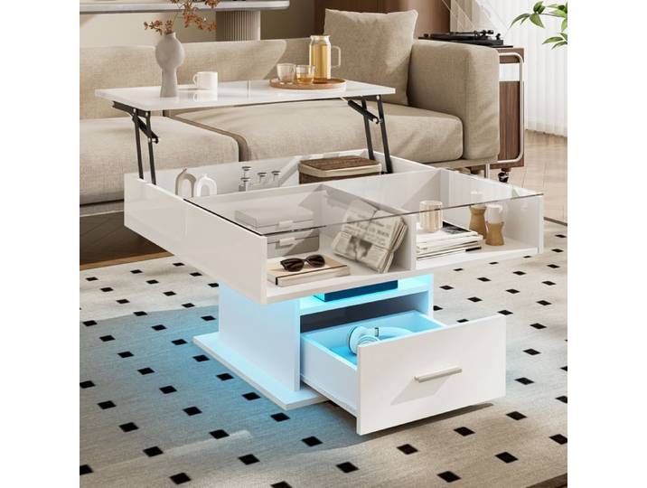 Piaenon - Table basse relevable blanc brillant LED hauteur ajustable 78x78 cm – salon/bureau