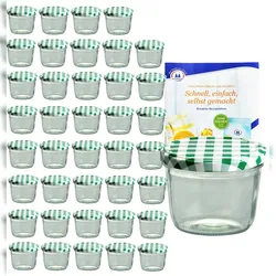 40er Set Sturzglas 230 ml mit grün kariertem Deckel inkl. Diamant Gelierzauber Rezeptheft