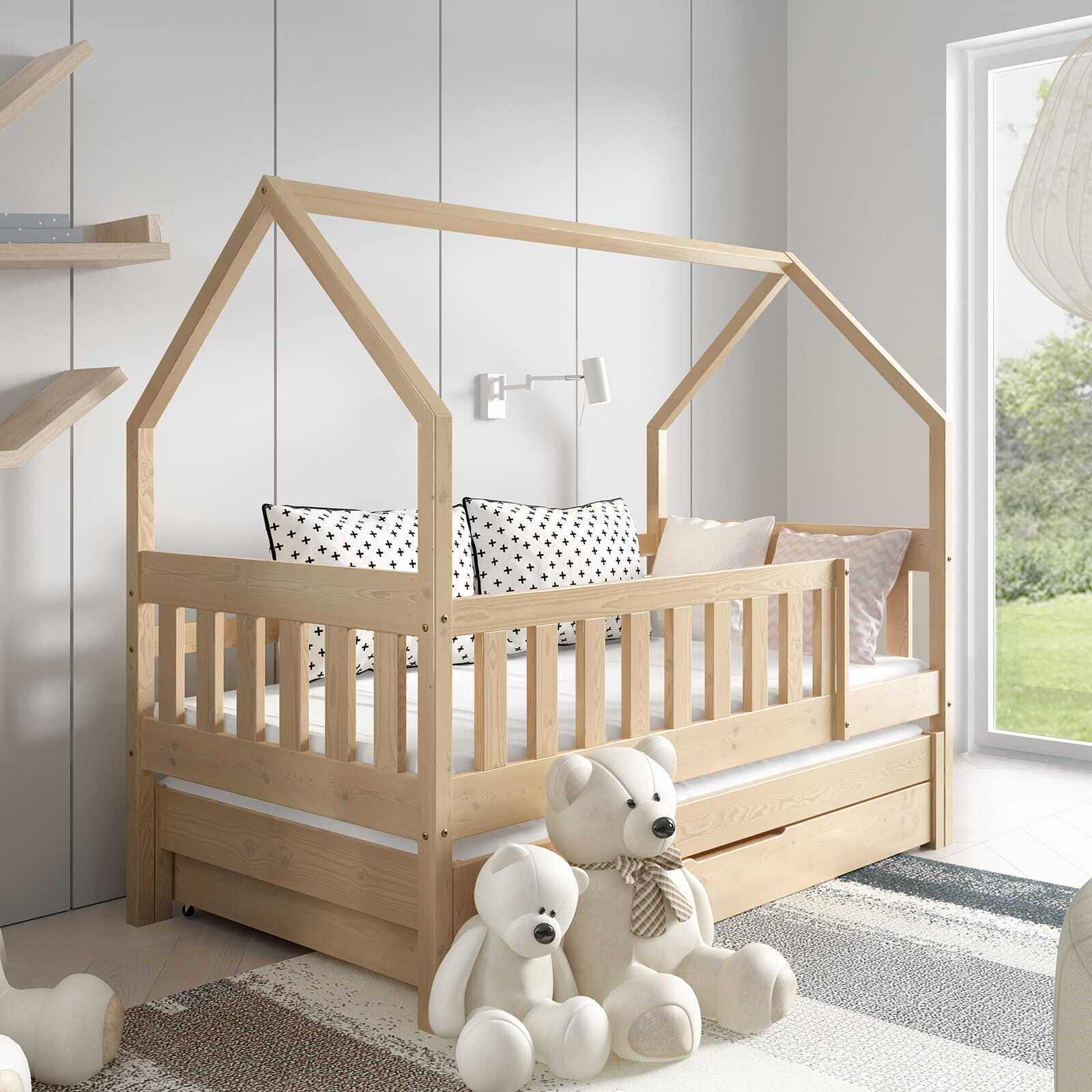 Kinderbett mit Matratze und Schublade 160 x 80 cm Kinderbett mit Unterbett Doppelbett Kiefer NINA