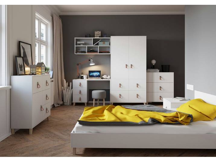 möbel-direkt.de Jugendzimmer-Set Svala in Weiß mit Lederschlaufen als Griffe, (Komplett Set, 7-tlg., verschiedene Zusammenstellungen wählbar), Lederschlaufen als Griffe, massive Füße