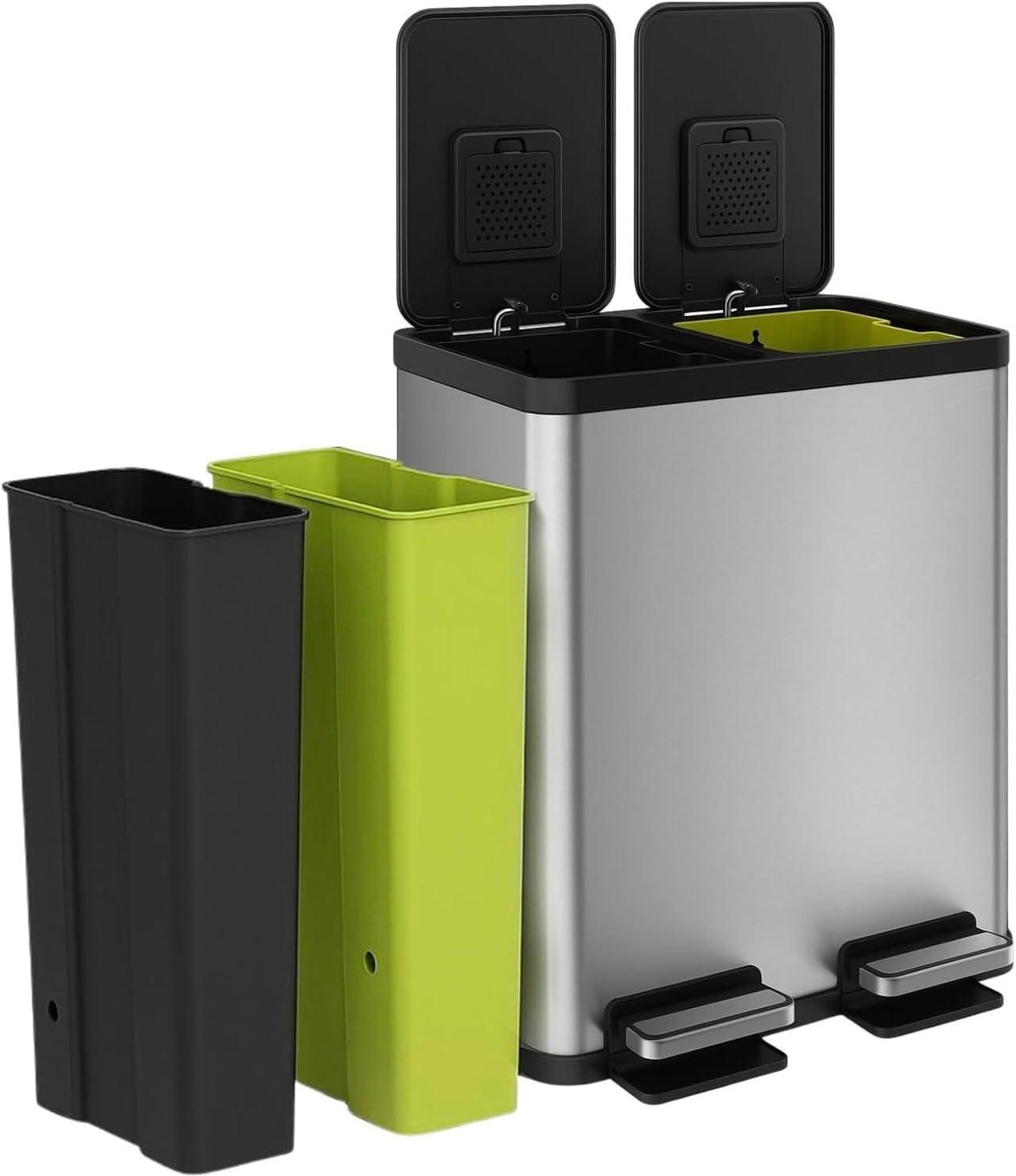 Abfalleimer mit 2 Fächern, 30 l x 30 l, Edelstahl, Pedal