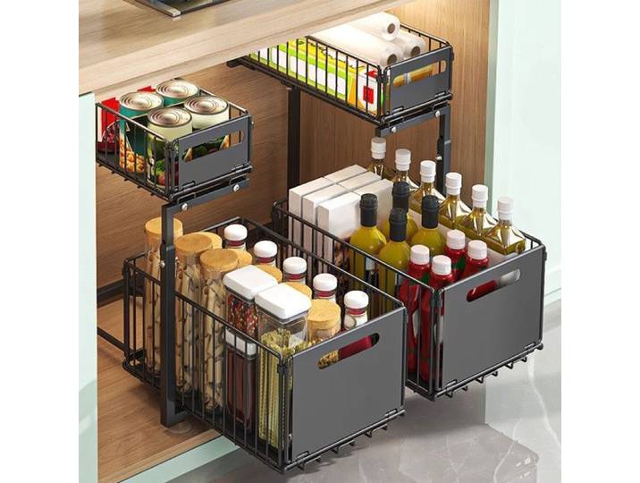 LOT de 2 Rangement Sous Evier - Accessoires de cuisine - Noir - Coulissant - Polyvalent - Organisateur -38x26x48CM