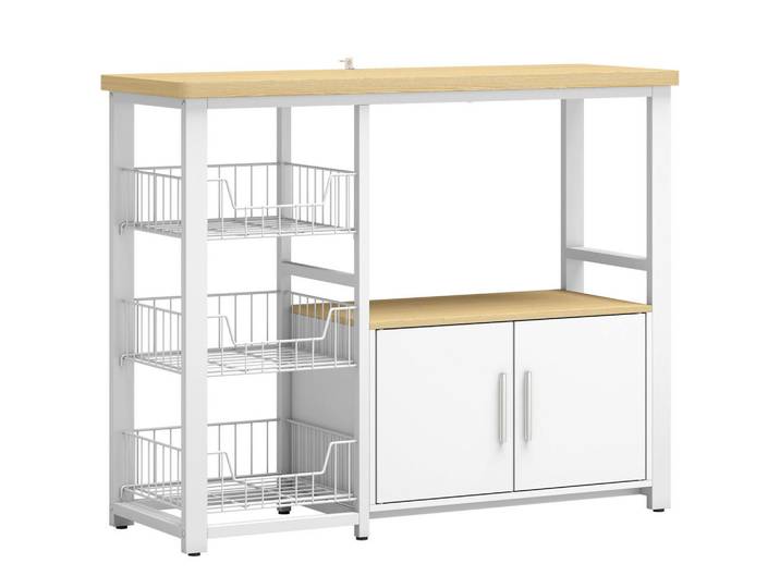 Homcom Küchenregal Spanplatte Kohlenstoffstahl Eiche Weiss, Weiß, Nachbildung,Eiche, 1 Fächer, 3 Schubladen, 35x80x100 cm, Küchen, Küchenmöbel